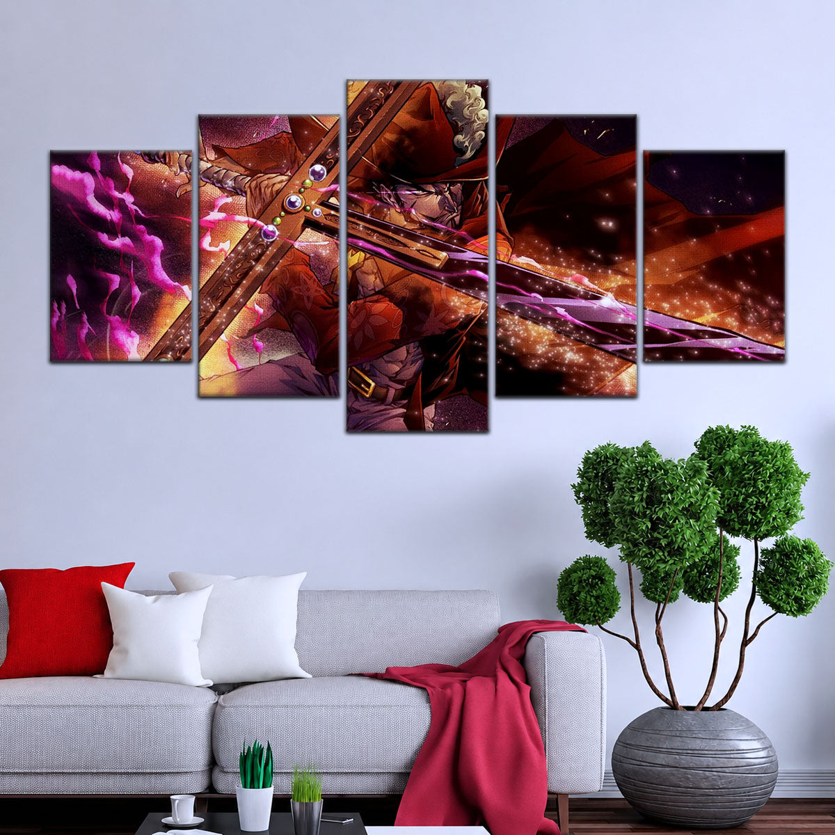 One Piece Canvas Wall Art - Dracule Mihawk 5 Piece Split Panel Anime Poster - Framed Ready to Hang Living Room & Man Cave Decor - OP5020