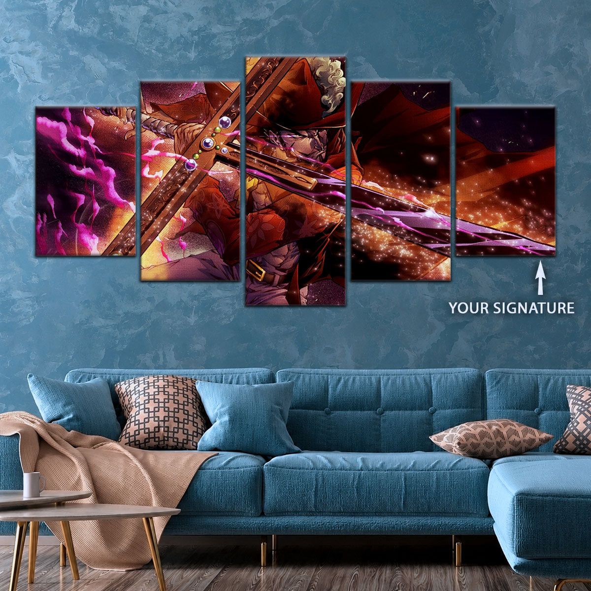 One Piece Canvas Wall Art - Dracule Mihawk 5 Piece Split Panel Anime Poster - Framed Ready to Hang Living Room & Man Cave Decor - OP5020