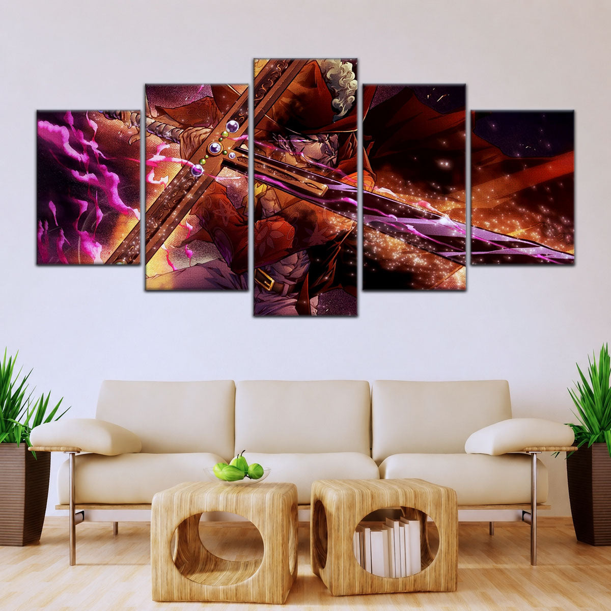 One Piece Canvas Wall Art - Dracule Mihawk 5 Piece Split Panel Anime Poster - Framed Ready to Hang Living Room & Man Cave Decor - OP5020