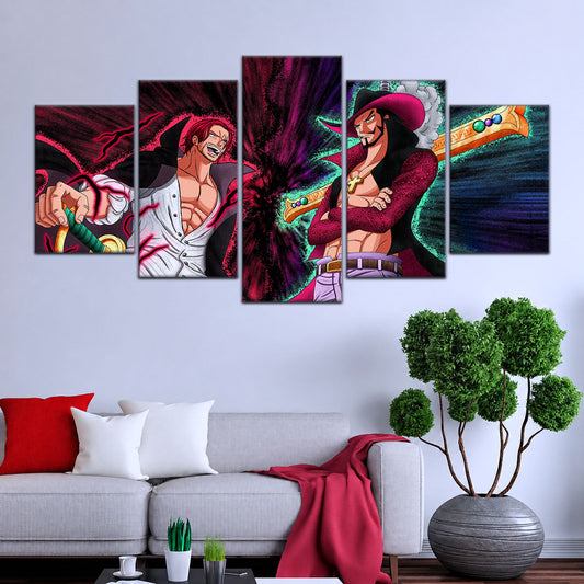 One Piece Canvas Wall Art - Mihawk vs Shanks 5 Piece Split Panel Anime Poster - Framed Ready to Hang Living Room & Man Cave Decor - OP5021