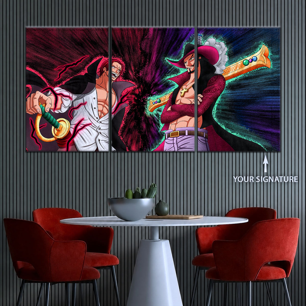 One Piece Canvas Wall Art - Mihawk vs Shanks 5 Piece Split Panel Anime Poster - Framed Ready to Hang Living Room & Man Cave Decor - OP5021