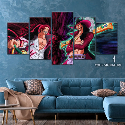One Piece Canvas Wall Art - Mihawk vs Shanks 5 Piece Split Panel Anime Poster - Framed Ready to Hang Living Room & Man Cave Decor - OP5021