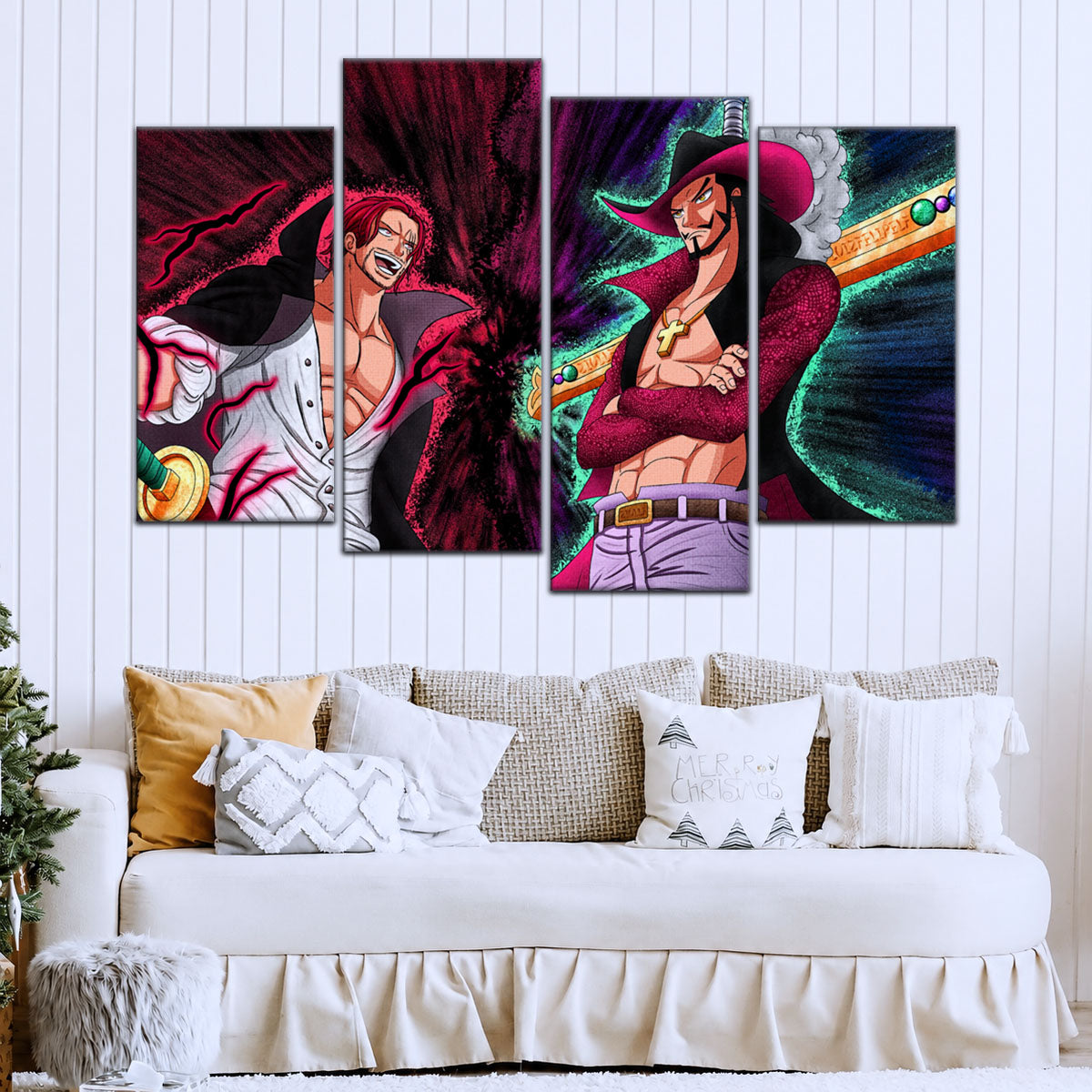 One Piece Canvas Wall Art - Mihawk vs Shanks 5 Piece Split Panel Anime Poster - Framed Ready to Hang Living Room & Man Cave Decor - OP5021
