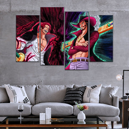 One Piece Canvas Wall Art - Mihawk vs Shanks 5 Piece Split Panel Anime Poster - Framed Ready to Hang Living Room & Man Cave Decor - OP5021