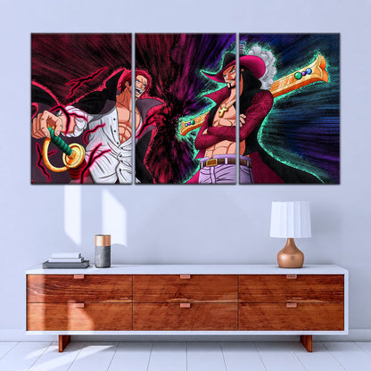 One Piece Canvas Wall Art - Mihawk vs Shanks 5 Piece Split Panel Anime Poster - Framed Ready to Hang Living Room & Man Cave Decor - OP5021