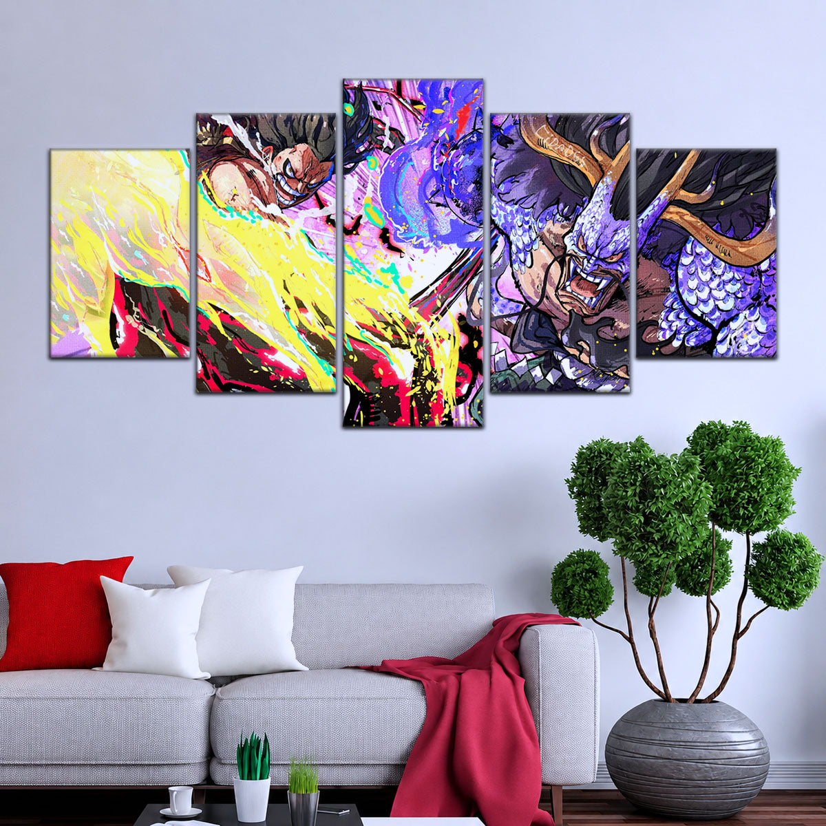 One Piece Canvas Wall Art - Luffy Gear 4 vs Kaido 5 Piece Split Panel Anime Poster - Framed Ready to Hang Living Room & Man Cave Decor - OP5022
