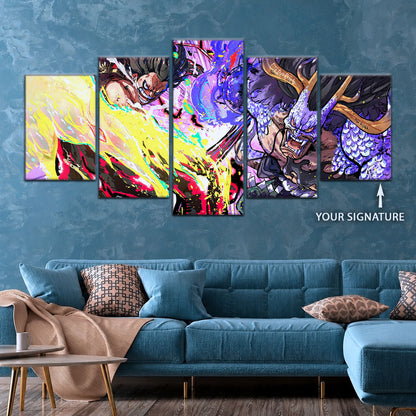 One Piece Canvas Wall Art - Luffy Gear 4 vs Kaido 5 Piece Split Panel Anime Poster - Framed Ready to Hang Living Room & Man Cave Decor - OP5022