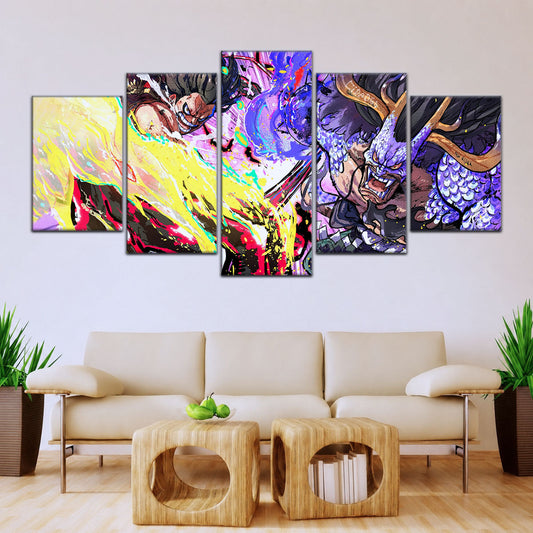 One Piece Canvas Wall Art - Luffy Gear 4 vs Kaido 5 Piece Split Panel Anime Poster - Framed Ready to Hang Living Room & Man Cave Decor - OP5022