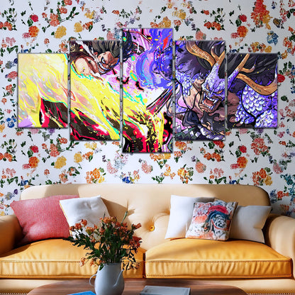 One Piece Canvas Wall Art - Luffy Gear 4 vs Kaido 5 Piece Split Panel Anime Poster - Framed Ready to Hang Living Room & Man Cave Decor - OP5022