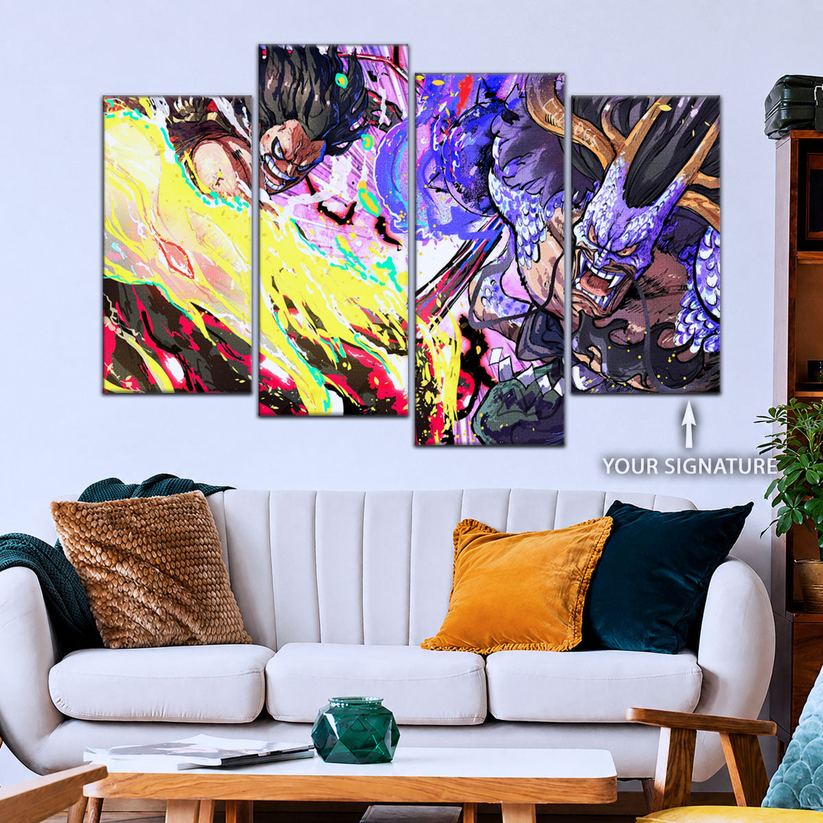 One Piece Canvas Wall Art - Luffy Gear 4 vs Kaido 5 Piece Split Panel Anime Poster - Framed Ready to Hang Living Room & Man Cave Decor - OP5022