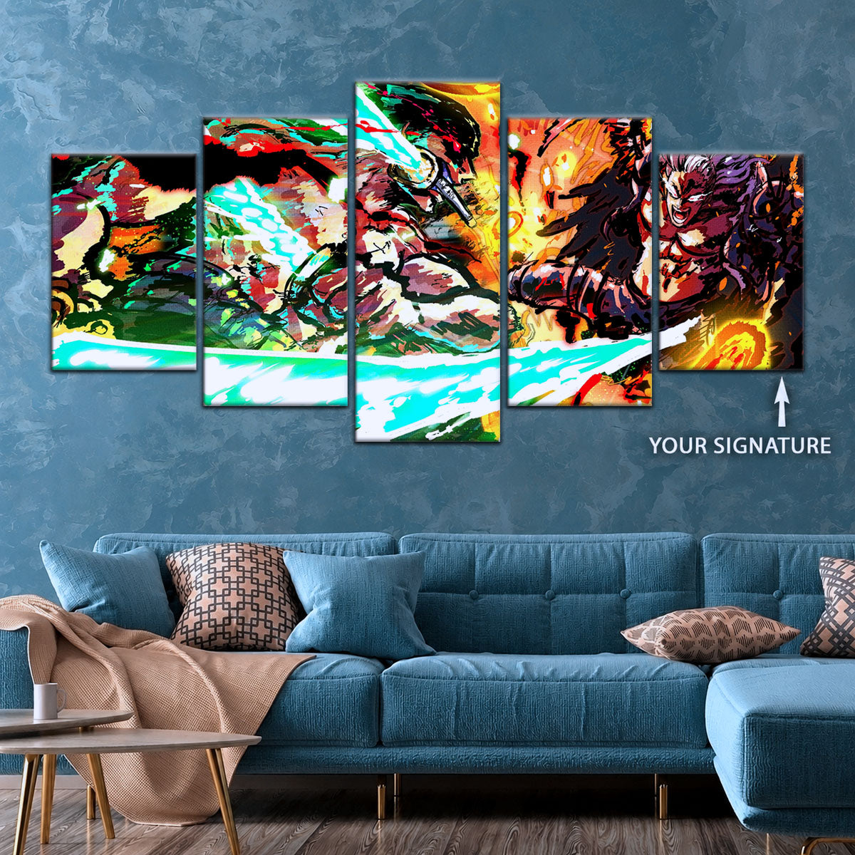 One Piece Canvas Wall Art - Zoro vs King | 5 Piece Split Panel Anime Poster - Framed Ready to Hang Living Room & Man Cave Decor - OP5023