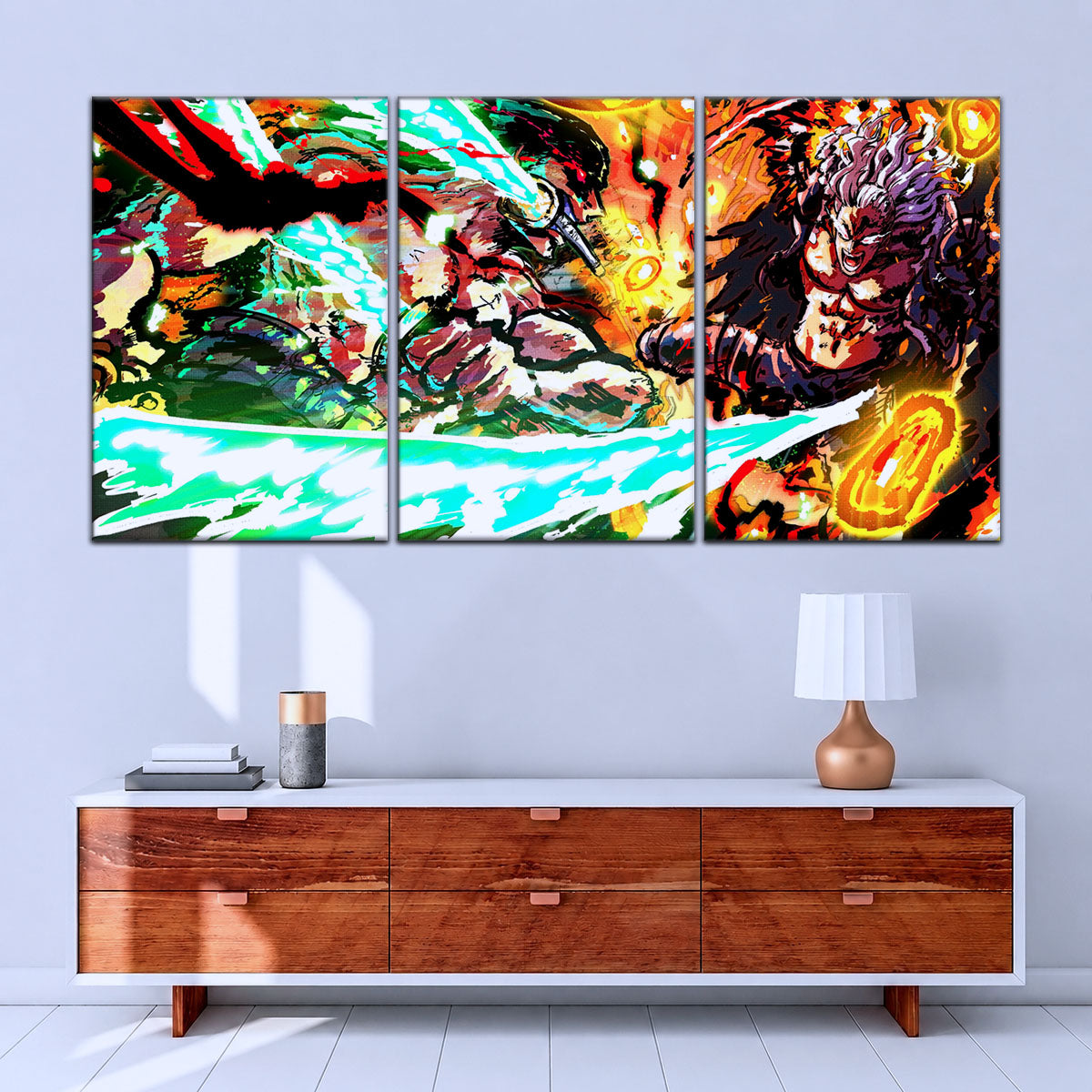 One Piece Canvas Wall Art - Zoro vs King | 5 Piece Split Panel Anime Poster - Framed Ready to Hang Living Room & Man Cave Decor - OP5023