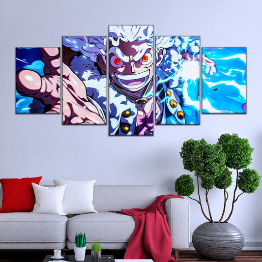 One Piece Canvas Wall Art - Luffy Gear Fifth 5 Piece Split Panel Anime Poster - Framed Ready to Hang Living Room & Man Cave Decor - OP5024