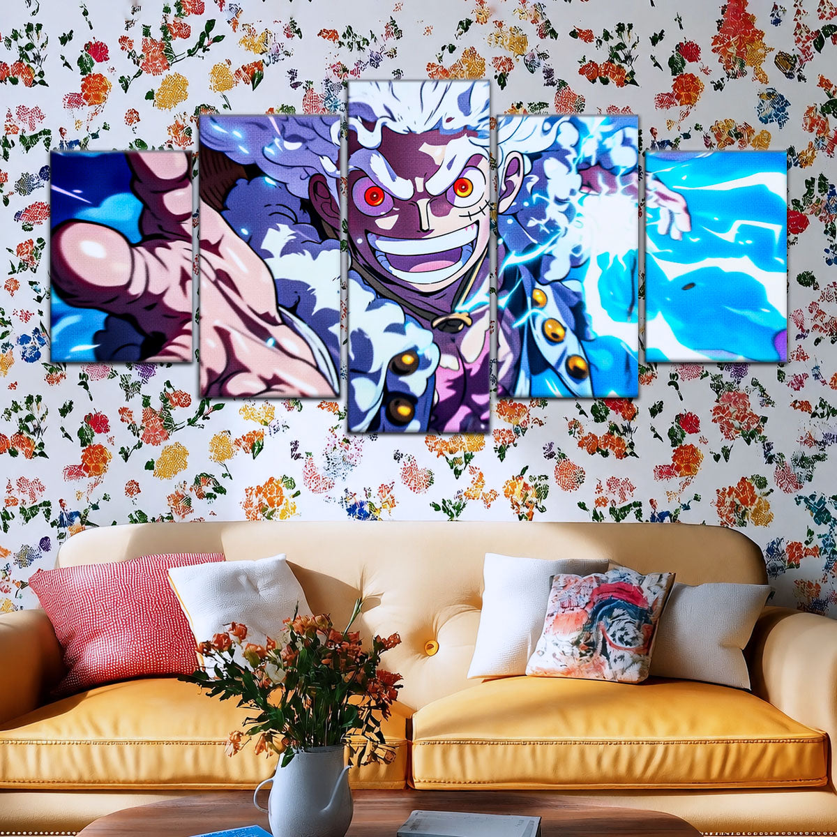 One Piece Canvas Wall Art - Luffy Gear Fifth 5 Piece Split Panel Anime Poster - Framed Ready to Hang Living Room & Man Cave Decor - OP5024