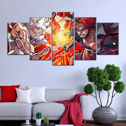 One Piece Canvas Wall Art - Luffy & Shanks 5 Piece Split Panel Anime Poster - Framed Ready to Hang Living Room & Man Cave Decor - OP5026