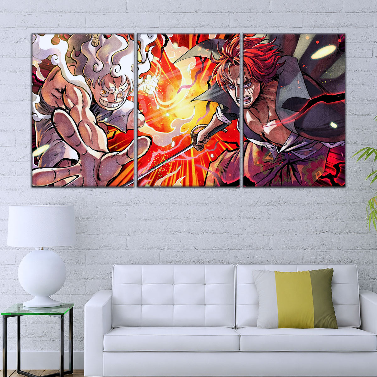 One Piece Canvas Wall Art - Luffy & Shanks 5 Piece Split Panel Anime Poster - Framed Ready to Hang Living Room & Man Cave Decor - OP5026