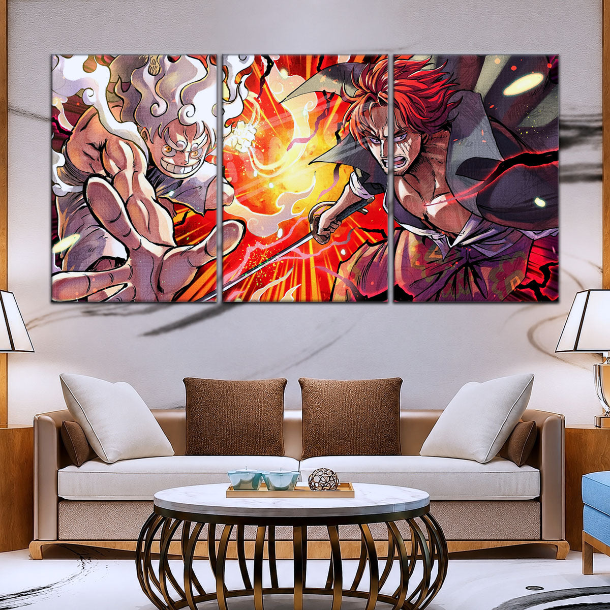 One Piece Canvas Wall Art - Luffy & Shanks 5 Piece Split Panel Anime Poster - Framed Ready to Hang Living Room & Man Cave Decor - OP5026