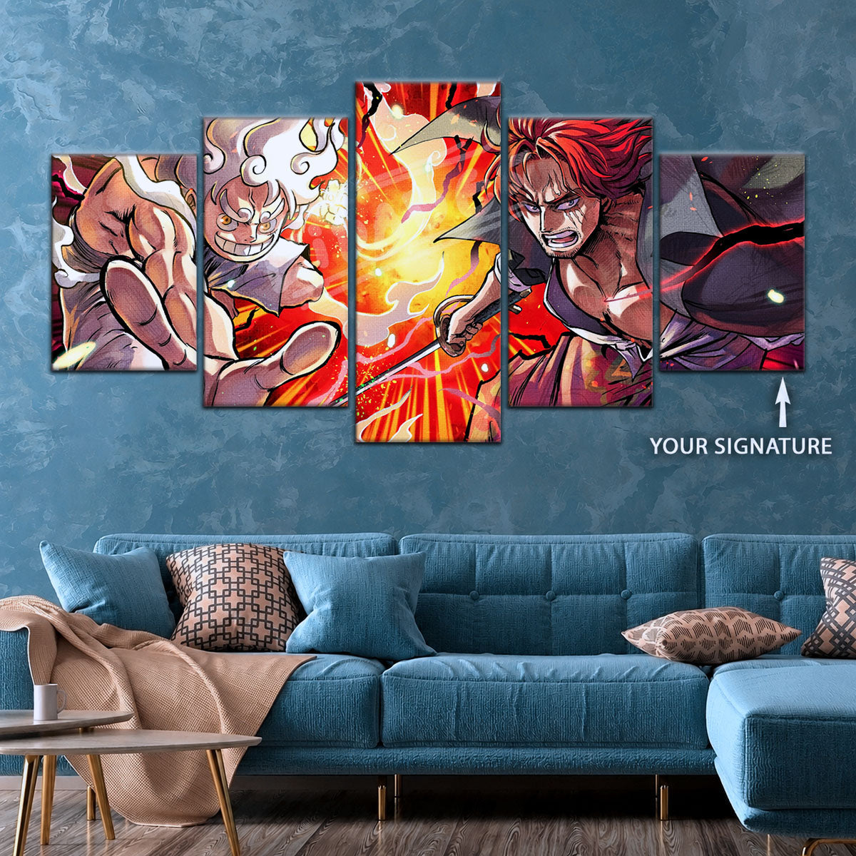 One Piece Canvas Wall Art - Luffy & Shanks 5 Piece Split Panel Anime Poster - Framed Ready to Hang Living Room & Man Cave Decor - OP5026