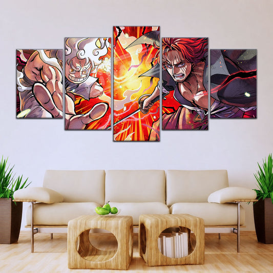 One Piece Canvas Wall Art - Luffy & Shanks 5 Piece Split Panel Anime Poster - Framed Ready to Hang Living Room & Man Cave Decor - OP5026