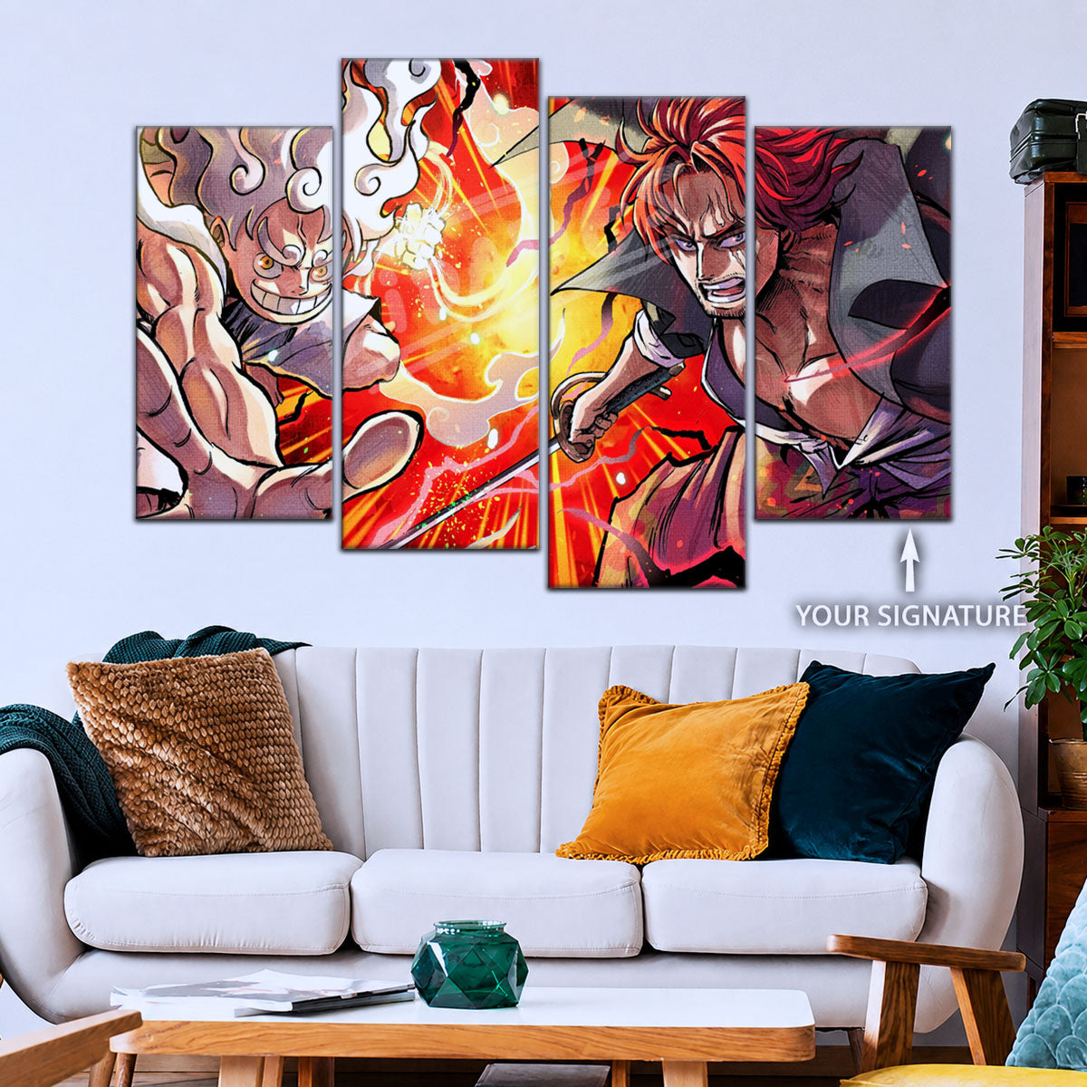 One Piece Canvas Wall Art - Luffy & Shanks 5 Piece Split Panel Anime Poster - Framed Ready to Hang Living Room & Man Cave Decor - OP5026