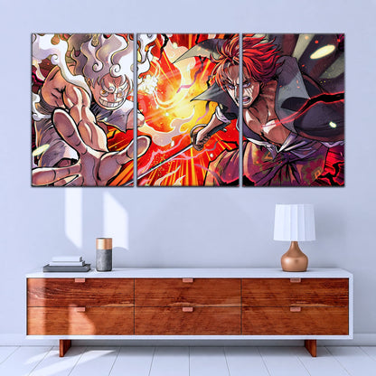 One Piece Canvas Wall Art - Luffy & Shanks 5 Piece Split Panel Anime Poster - Framed Ready to Hang Living Room & Man Cave Decor - OP5026