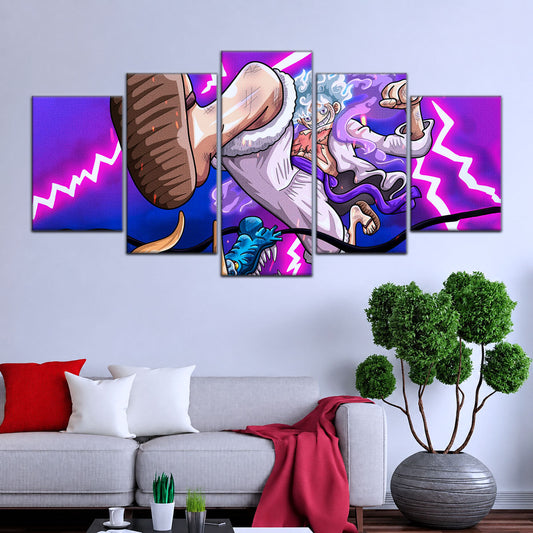 One Piece Canvas Wall Art - Luffy Gear Fifth vs Kaido 5 Piece Split Panel Anime Poster - Framed Ready to Hang Living Room & Man Cave Decor - OP5027