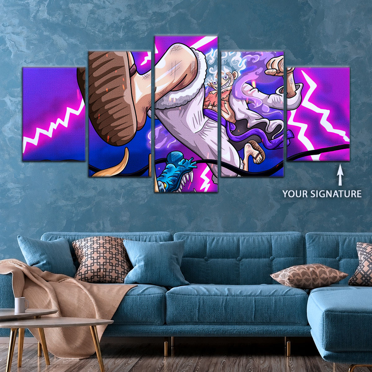 One Piece Canvas Wall Art - Luffy Gear Fifth vs Kaido 5 Piece Split Panel Anime Poster - Framed Ready to Hang Living Room & Man Cave Decor - OP5027