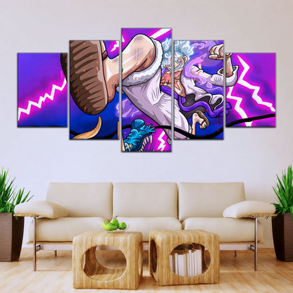 One Piece Canvas Wall Art - Luffy Gear Fifth vs Kaido 5 Piece Split Panel Anime Poster - Framed Ready to Hang Living Room & Man Cave Decor - OP5027