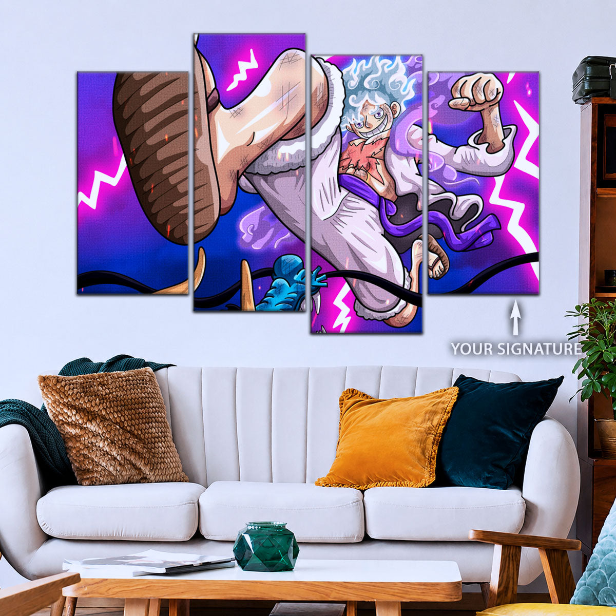 One Piece Canvas Wall Art - Luffy Gear Fifth vs Kaido 5 Piece Split Panel Anime Poster - Framed Ready to Hang Living Room & Man Cave Decor - OP5027