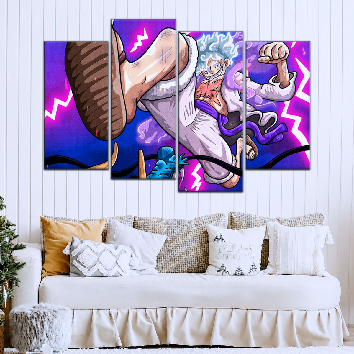 One Piece Canvas Wall Art - Luffy Gear Fifth vs Kaido 5 Piece Split Panel Anime Poster - Framed Ready to Hang Living Room & Man Cave Decor - OP5027