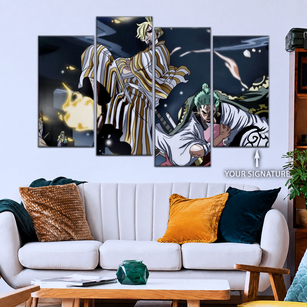 One Piece Canvas Wall Art - Sanji, Zoro & Toko 5 Piece Split Panel Anime Poster - Framed Ready to Hang Living Room & Man Cave Decor - OP5028