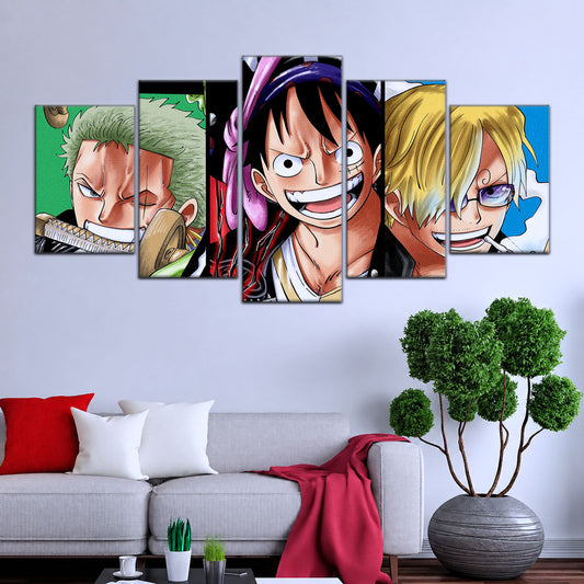 One Piece Canvas Wall Art - Monster Trio Luffy Gear 5, Zoro & Sanji 5 Piece Split Panel Anime Poster - Framed Ready to Hang Living Room & Man Cave Decor - OP5029