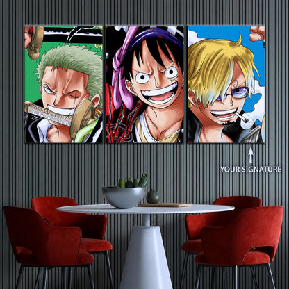 One Piece Canvas Wall Art - Monster Trio Luffy Gear 5, Zoro & Sanji 5 Piece Split Panel Anime Poster - Framed Ready to Hang Living Room & Man Cave Decor - OP5029