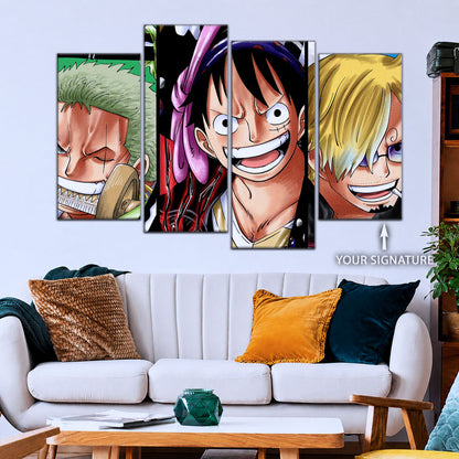 One Piece Canvas Wall Art - Monster Trio Luffy Gear 5, Zoro & Sanji 5 Piece Split Panel Anime Poster - Framed Ready to Hang Living Room & Man Cave Decor - OP5029