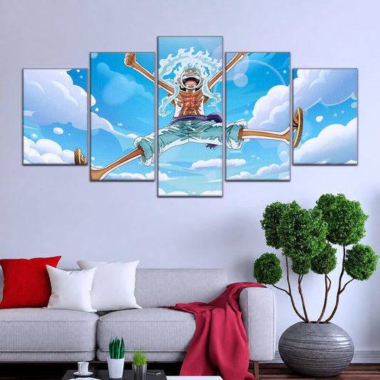 One Piece Canvas Wall Art - Monkey D. Luffy 5 Piece Split Panel Anime Poster - Framed Ready to Hang Living Room & Man Cave Decor - OP5031