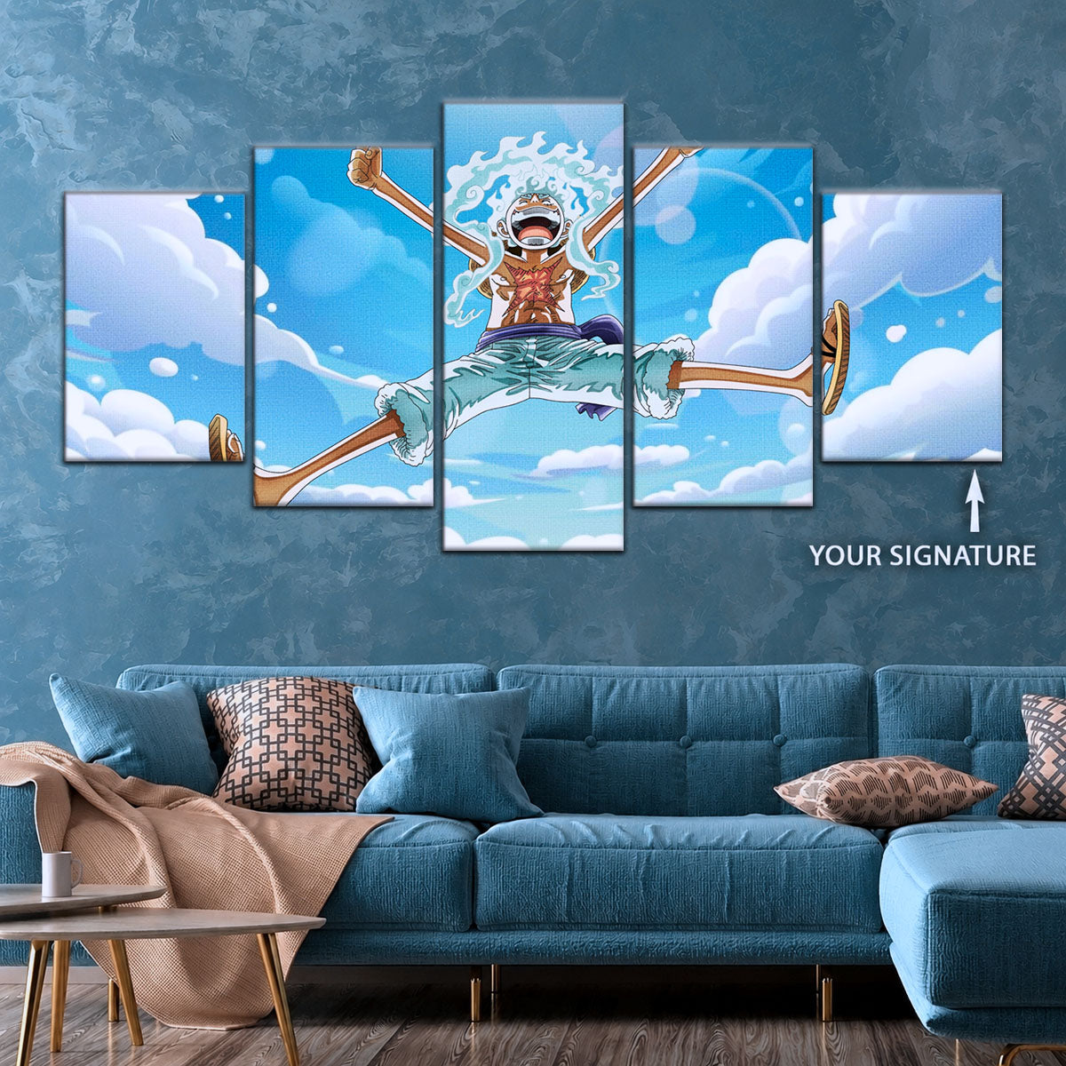 One Piece Canvas Wall Art - Monkey D. Luffy 5 Piece Split Panel Anime Poster - Framed Ready to Hang Living Room & Man Cave Decor - OP5031