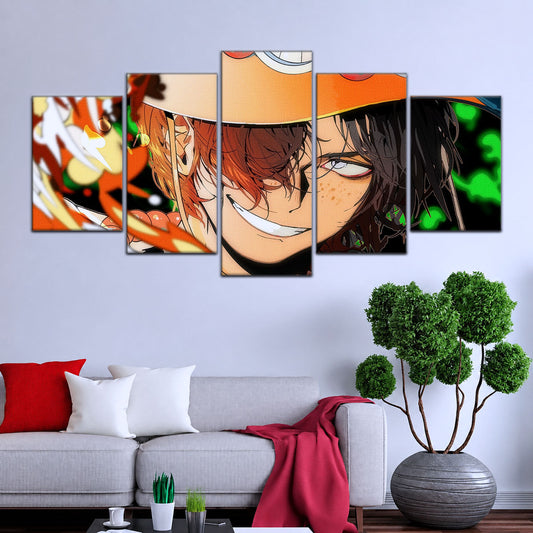 One Piece Canvas Wall Art - Portgas D. Ace Fire Fist 5 Piece Split Panel Anime Poster - Framed Ready to Hang Living Room & Man Cave Decor - OP5034