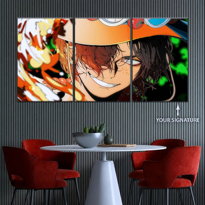 One Piece Canvas Wall Art - Portgas D. Ace Fire Fist 5 Piece Split Panel Anime Poster - Framed Ready to Hang Living Room & Man Cave Decor - OP5034