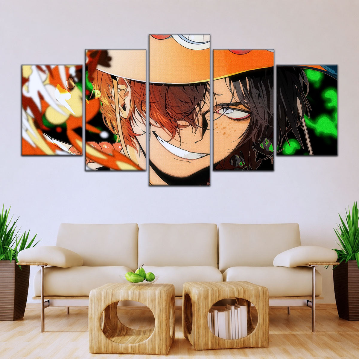 One Piece Canvas Wall Art - Portgas D. Ace Fire Fist 5 Piece Split Panel Anime Poster - Framed Ready to Hang Living Room & Man Cave Decor - OP5034