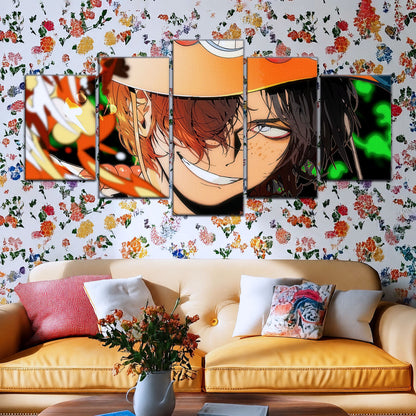 One Piece Canvas Wall Art - Portgas D. Ace Fire Fist 5 Piece Split Panel Anime Poster - Framed Ready to Hang Living Room & Man Cave Decor - OP5034
