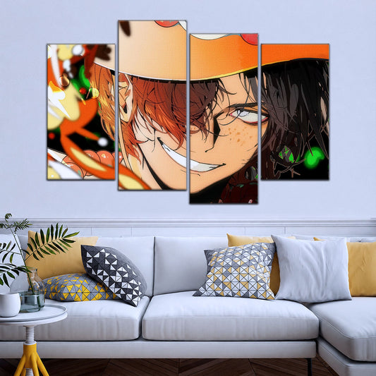 One Piece Canvas Wall Art - Portgas D. Ace Fire Fist 5 Piece Split Panel Anime Poster - Framed Ready to Hang Living Room & Man Cave Decor - OP5034