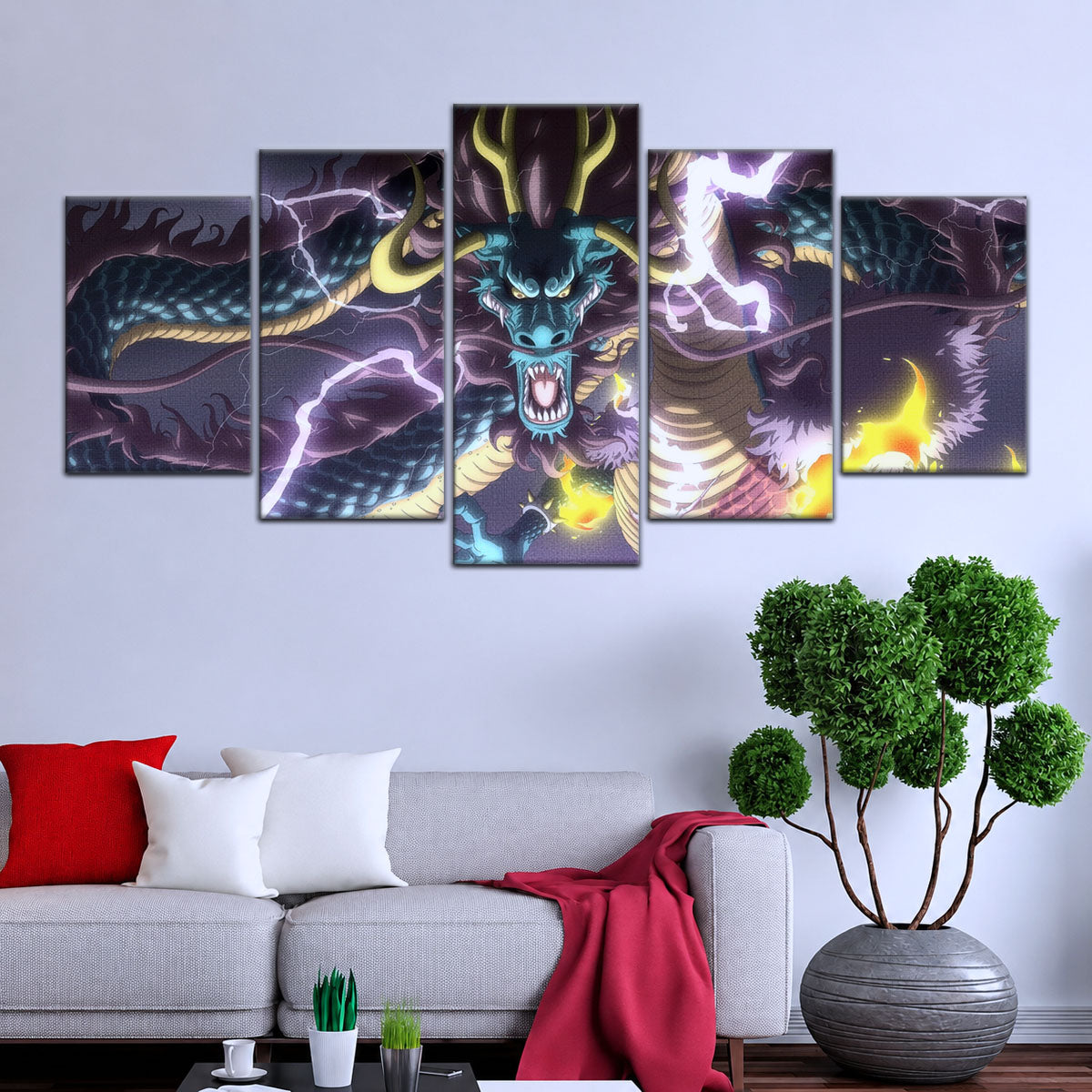 One Piece Canvas Wall Art - Kaido Thunderstorm 5 Piece Split Panel Anime Poster - Framed Ready to Hang Living Room & Man Cave Decor - OP5035
