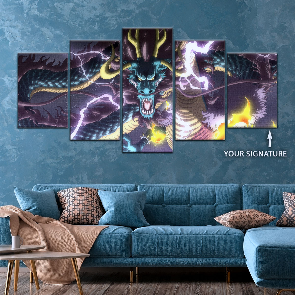 One Piece Canvas Wall Art - Kaido Thunderstorm 5 Piece Split Panel Anime Poster - Framed Ready to Hang Living Room & Man Cave Decor - OP5035