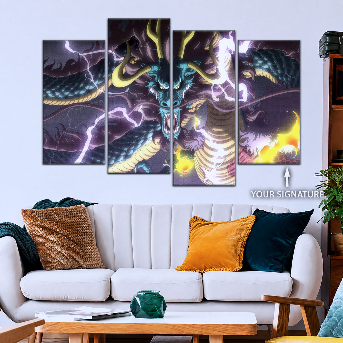 One Piece Canvas Wall Art - Kaido Thunderstorm 5 Piece Split Panel Anime Poster - Framed Ready to Hang Living Room & Man Cave Decor - OP5035
