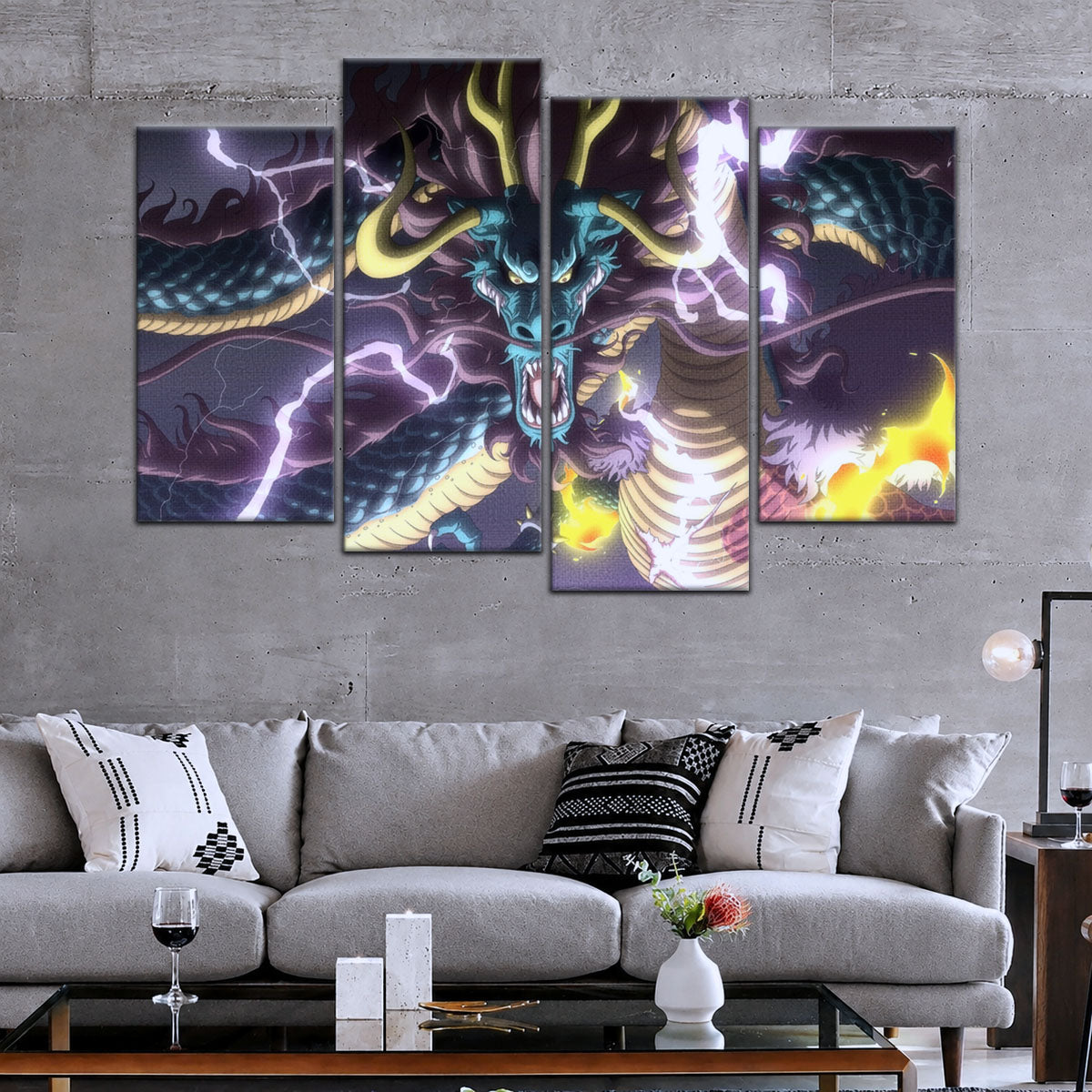 One Piece Canvas Wall Art - Kaido Thunderstorm 5 Piece Split Panel Anime Poster - Framed Ready to Hang Living Room & Man Cave Decor - OP5035