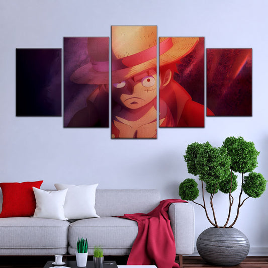 One Piece Canvas Wall Art - Monkey D. Luffy 5 Piece Split Panel Anime Poster - Framed Ready to Hang Living Room & Man Cave Decor - OP5036