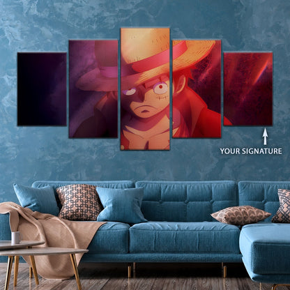 One Piece Canvas Wall Art - Monkey D. Luffy 5 Piece Split Panel Anime Poster - Framed Ready to Hang Living Room & Man Cave Decor - OP5036