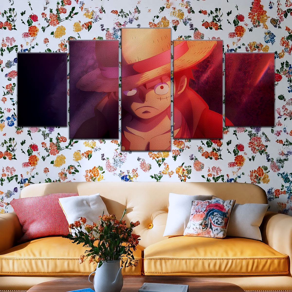 One Piece Canvas Wall Art - Monkey D. Luffy 5 Piece Split Panel Anime Poster - Framed Ready to Hang Living Room & Man Cave Decor - OP5036