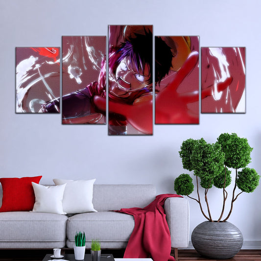 One Piece Canvas Wall Art - Luffy's Fierce Reach 5 Piece Split Panel Anime Poster - Framed Ready to Hang Living Room & Man Cave Decor - OP5037