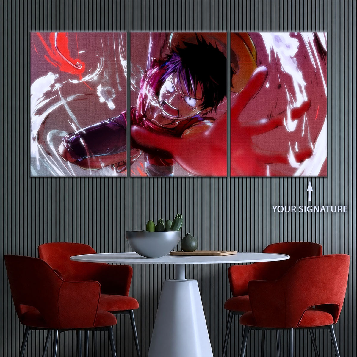 One Piece Canvas Wall Art - Luffy's Fierce Reach 5 Piece Split Panel Anime Poster - Framed Ready to Hang Living Room & Man Cave Decor - OP5037